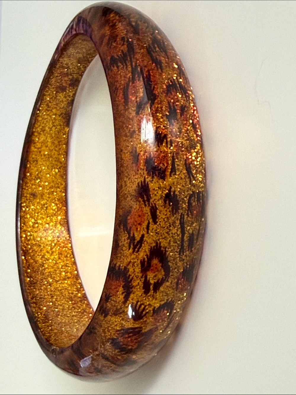 Vintage lucite acrylic bangle bracelet Brown Gold leopard print & glitter 80’s - Picture 6 of 16